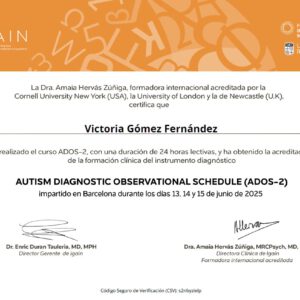 Victoria Gómez, neuropsicóloga de INCIA, acreditada en el ADOS-2 (Autism Diagnostic Observation Schedule)
