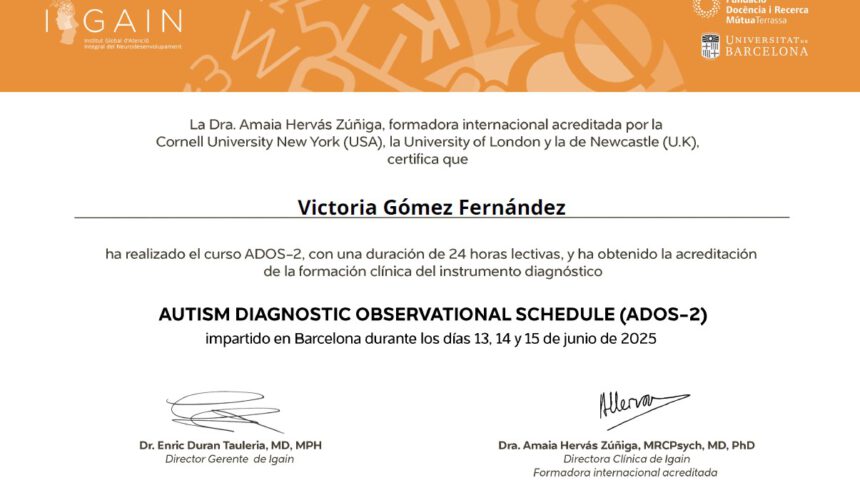 Victoria Gómez, neuropsicóloga de INCIA, acreditada en el ADOS-2 (Autism Diagnostic Observation Schedule)
