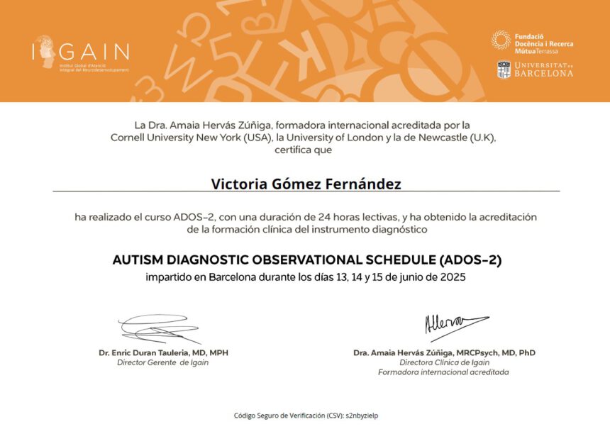 Victoria Gómez, neuropsicóloga de INCIA, acreditada en el ADOS-2 (Autism Diagnostic Observation Schedule)